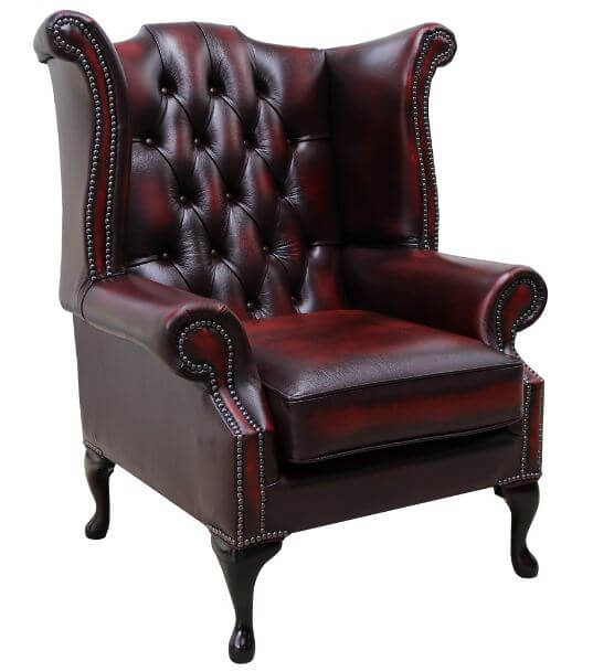 rub off antique oxblood red leather chesterfield georgian queen anne wing chair designersofas4u