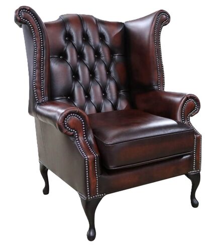 Chesterfield Georgian Queen Anne Wing Chair Antique Rust Leather