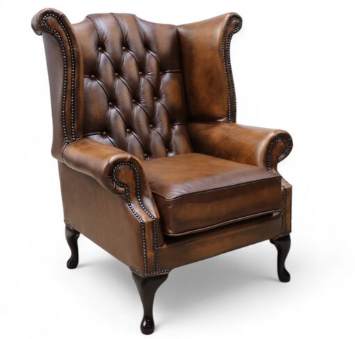 Chesterfield Georgian Queen Anne Wing Chair Antique Tan Leather