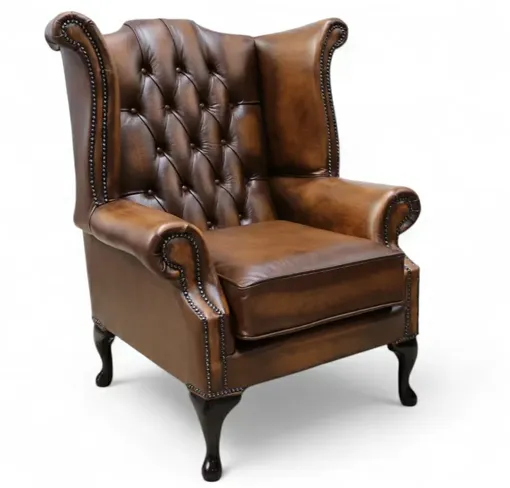 Chesterfield Georgian Queen Anne Wing Chair Antique Tan Leather