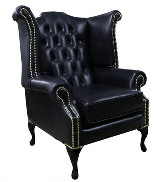 Chesterfield Georgian Queen Anne Wing Chair Black Leather