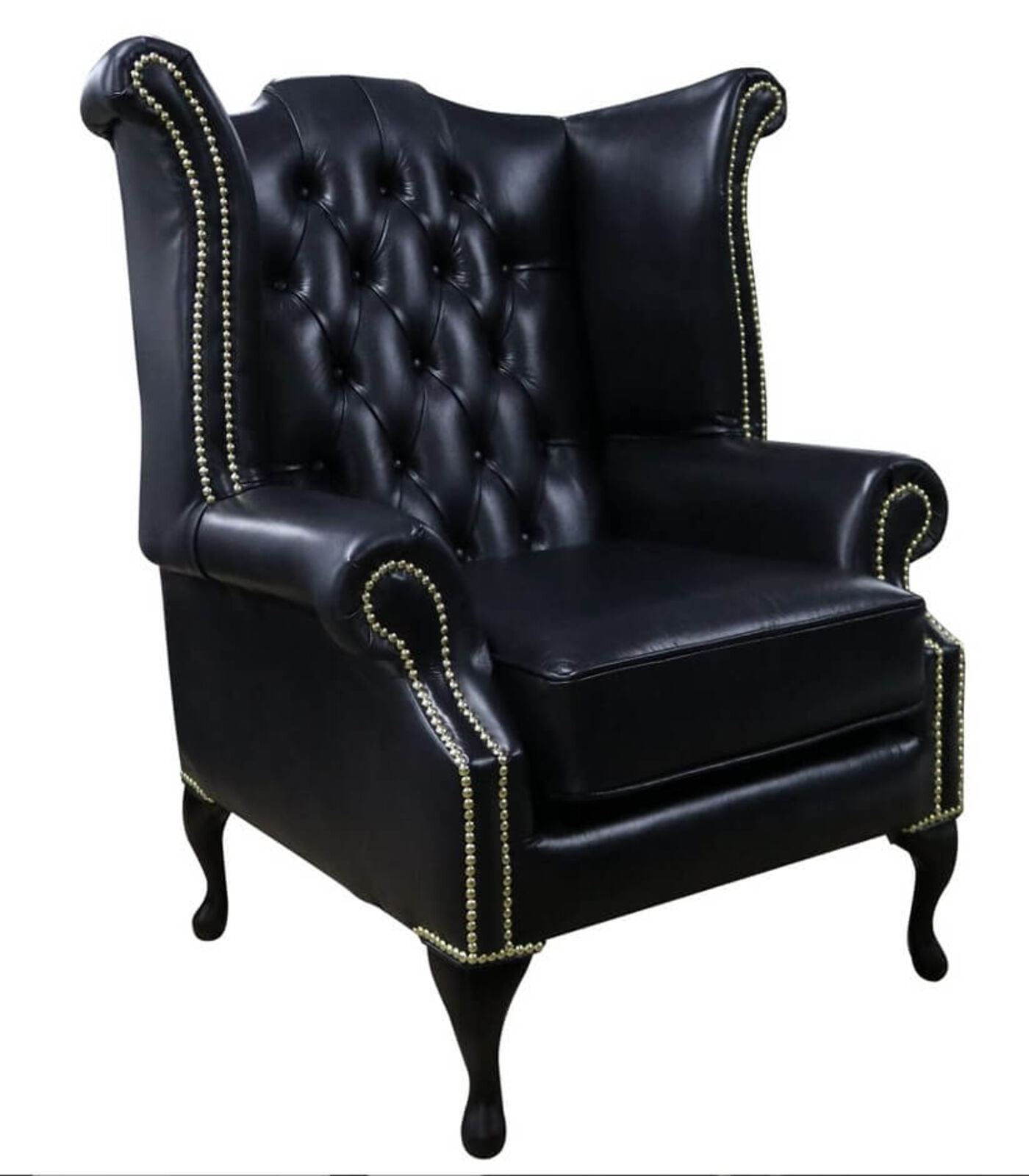 Product photograph of Old English Black Leather Georgian Chesterfield Queen Anne High Back Wing Chair Designersofas4u from Designer Sofas 4U