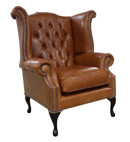 Chesterfield Georgian Queen Anne High Back Wing Chair Old English Bruciato Brown Leather