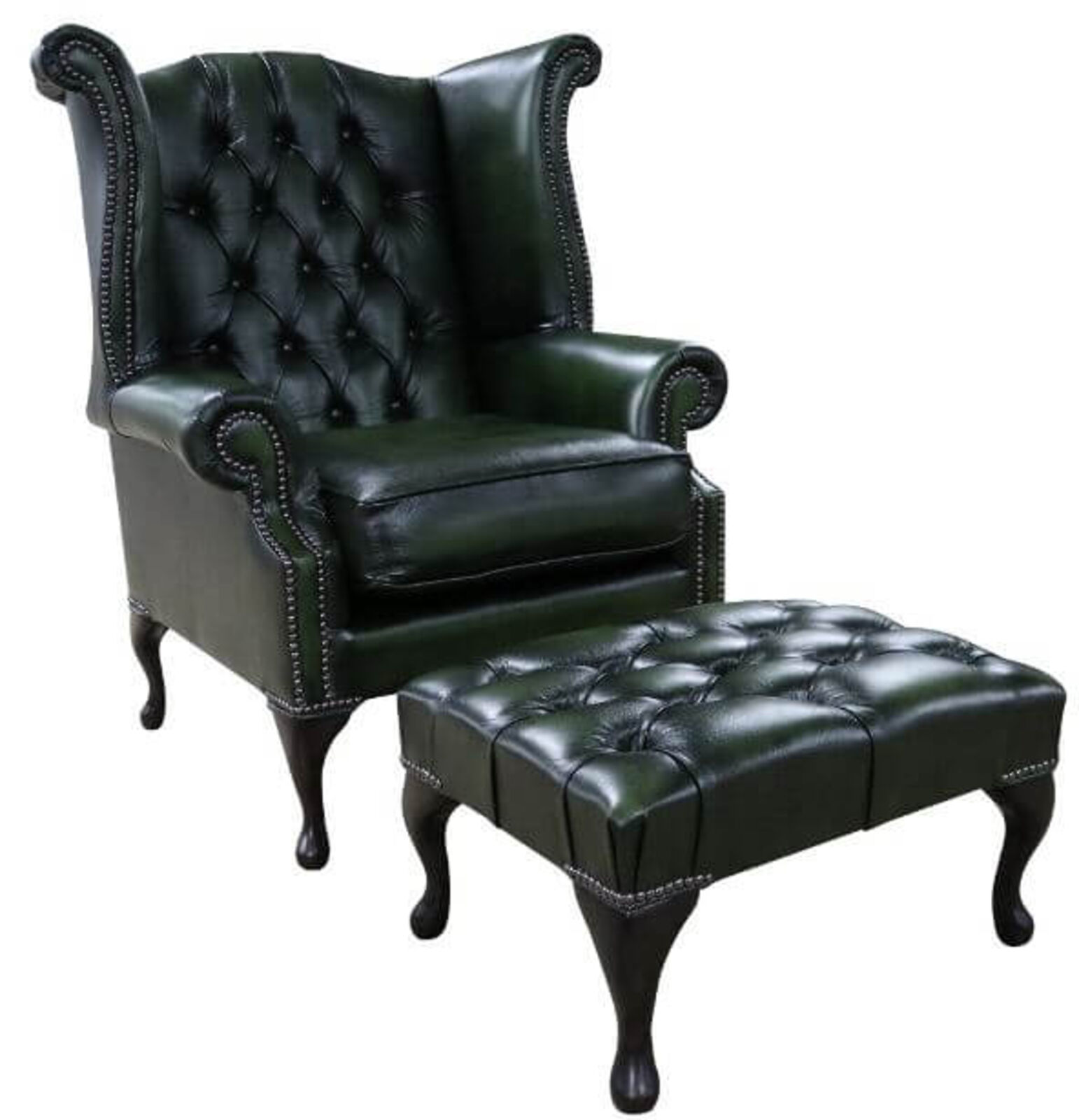 Product photograph of Chesterfield Georgian Queen Anne High Back Wing Chair With Footstool Antique Green Leather from Designer Sofas 4U