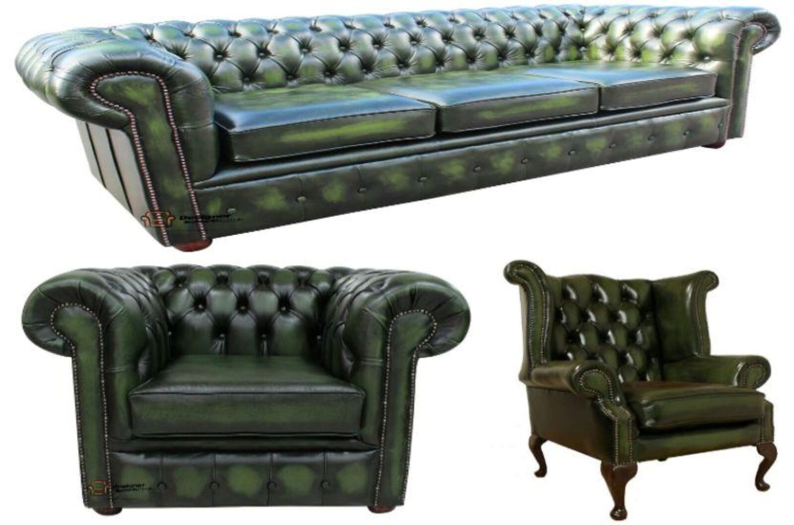 Product photograph of Chesterfield Leather 3 Seater Wing Chair Club Chair Sofa Offer Antique Green from Designer Sofas 4U