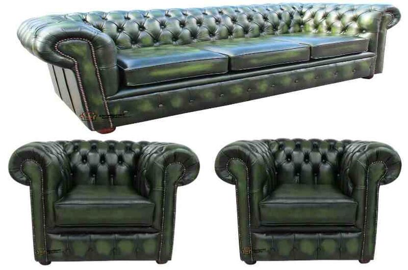 Product photograph of Chesterfield Leather 3 Seater 2x Club Chair Antique Green from Designer Sofas 4U