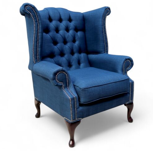 Chesterfield Handmade Linen Queen Anne High Back Wing Chair Charles Midnight Blue