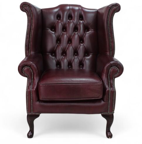 Chesterfield Handmade Queen Anne Wing chair Bonded Burgundy Leather
