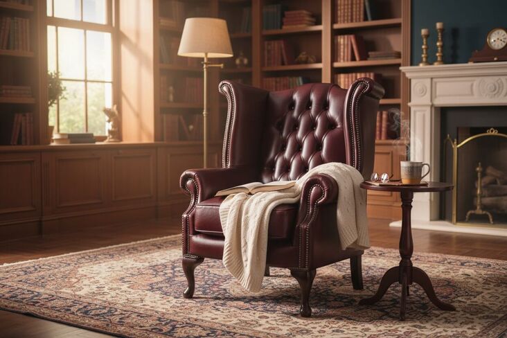 Chesterfield Handmade Queen Anne Wing chair Bonded Burgundy Leather