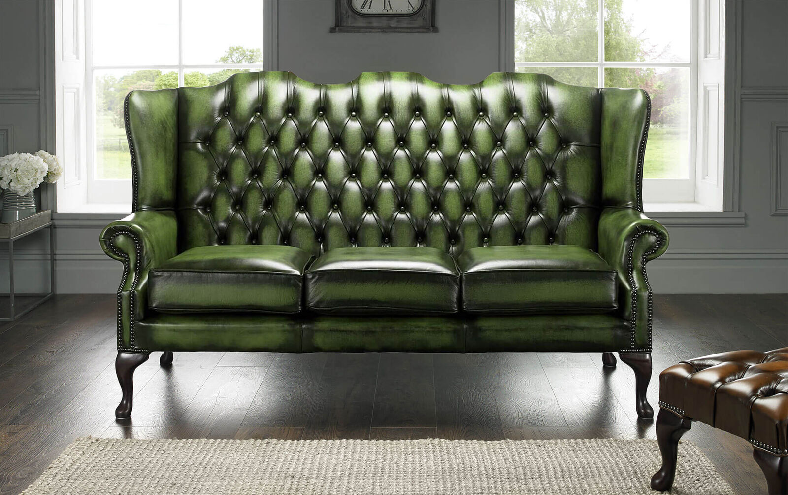 Product photograph of Chesterfield High Back Mallory 3 Seater Sofa Antique Green Leather from Designer Sofas 4U