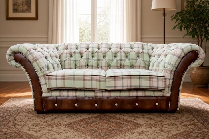 Chesterfield Jepson 2 Seater Sofa Settee Antique Tan Leather Balmoral Sage