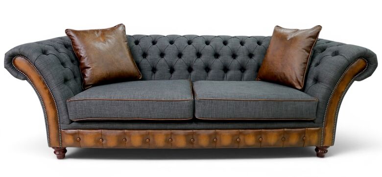 Chesterfield Jepson 3 Seater Sofa Settee Antique Tan Leather Marinello Pewter Fabric
