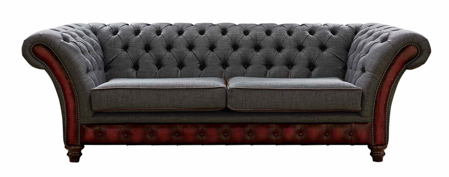 Chesterfield Jepson Marinello Pewter Grey Fabric Leather Sofa Antique Oxblood