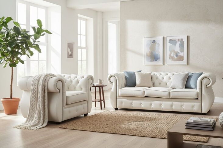 Chesterfield Kimberley 3+1 Seater Shelly Almond Leather Sofa Suite
