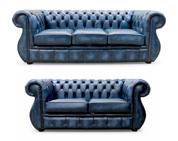 Chesterfield Kimberley 3+2 Seater Antique Blue Leather Sofa Suite