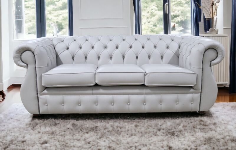 Product photograph of Chesterfield Kimberley 3 Seater Vele Cloud Grey Leather Sofa Offer from Designer Sofas 4U