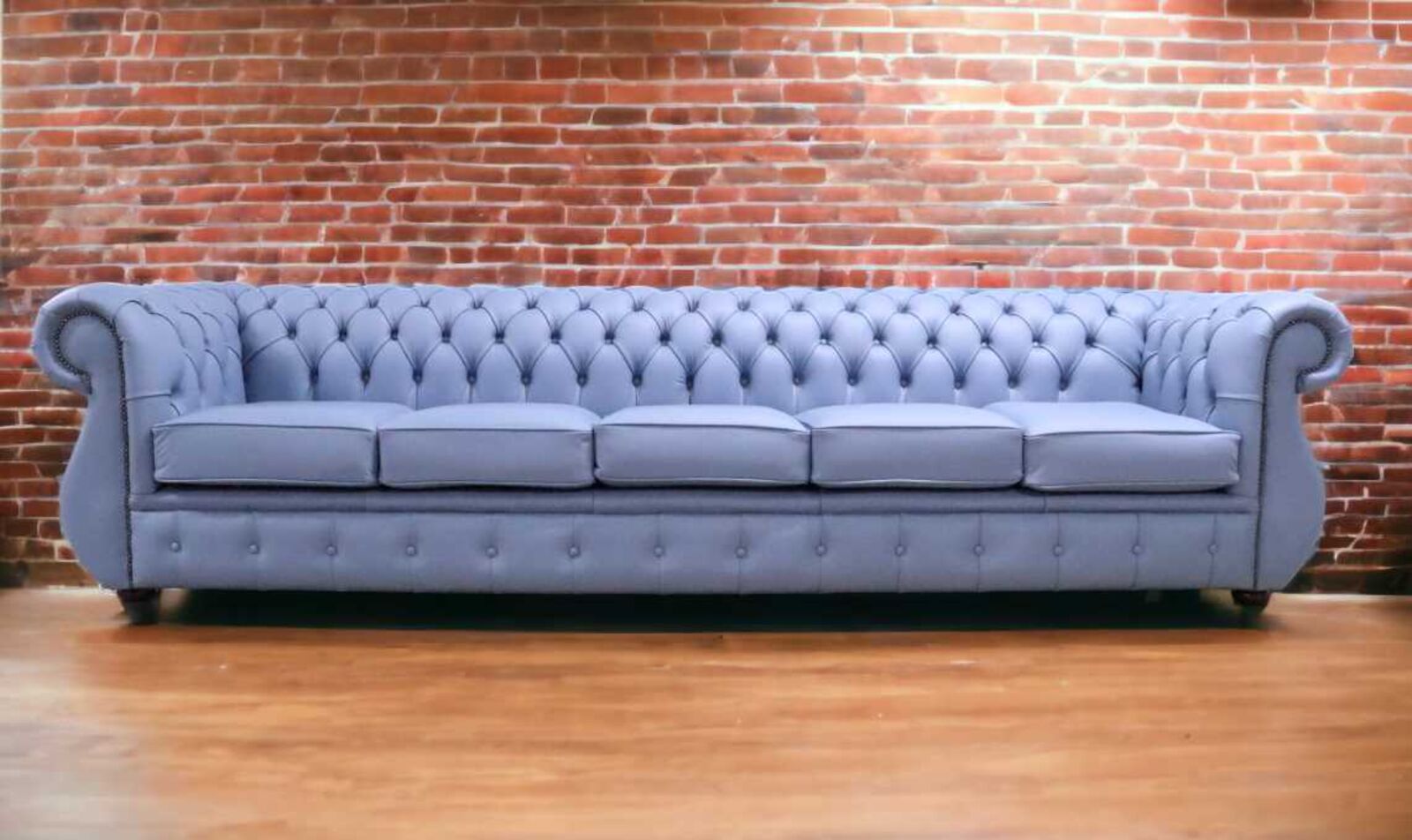 Product photograph of Chesterfield Kimberley 5 Seater Shelly Iceblast Blue Leather Sofa Offer from Designer Sofas 4U