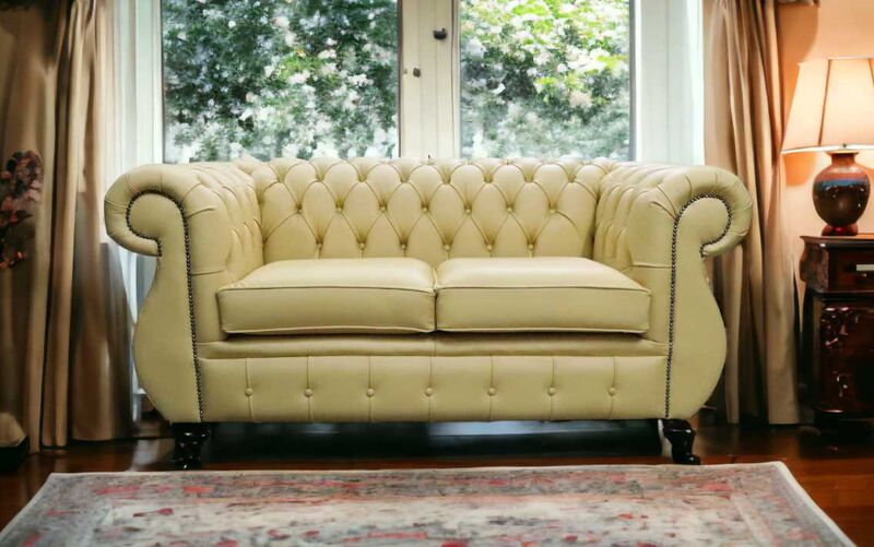 Product photograph of Chesterfield Kimberley 2 Seater Deluca Yellow Leather Sofa Offer from Designer Sofas 4U
