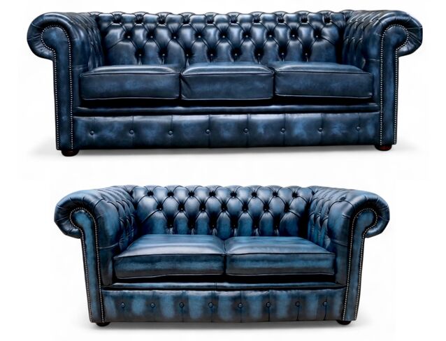 Chesterfield Leather 3+2 Seater Antique Blue Sofa Suite Offer