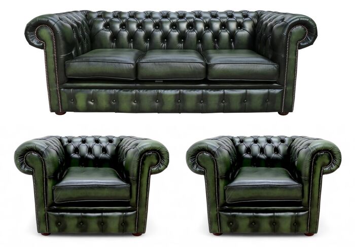 Chesterfield Leather 3 Seater + 2x  Club Chair Antique Green