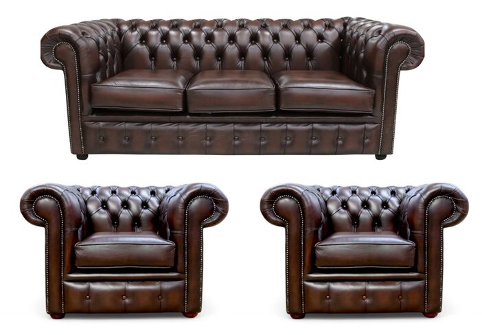 Chesterfield Leather 3 Seater / Club Chair / Club Chair Sofa Offer Antique Brown