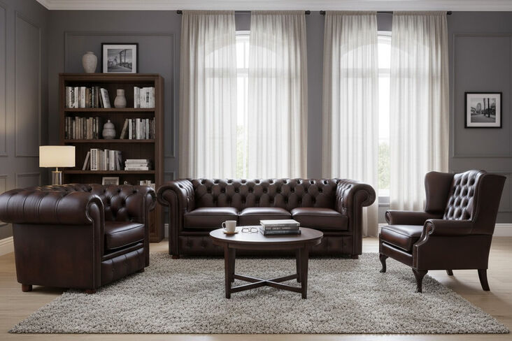 Chesterfield Leather 3 Seater + Mallory Wing Chair + Club Chair Sofa Offer Antique Brown