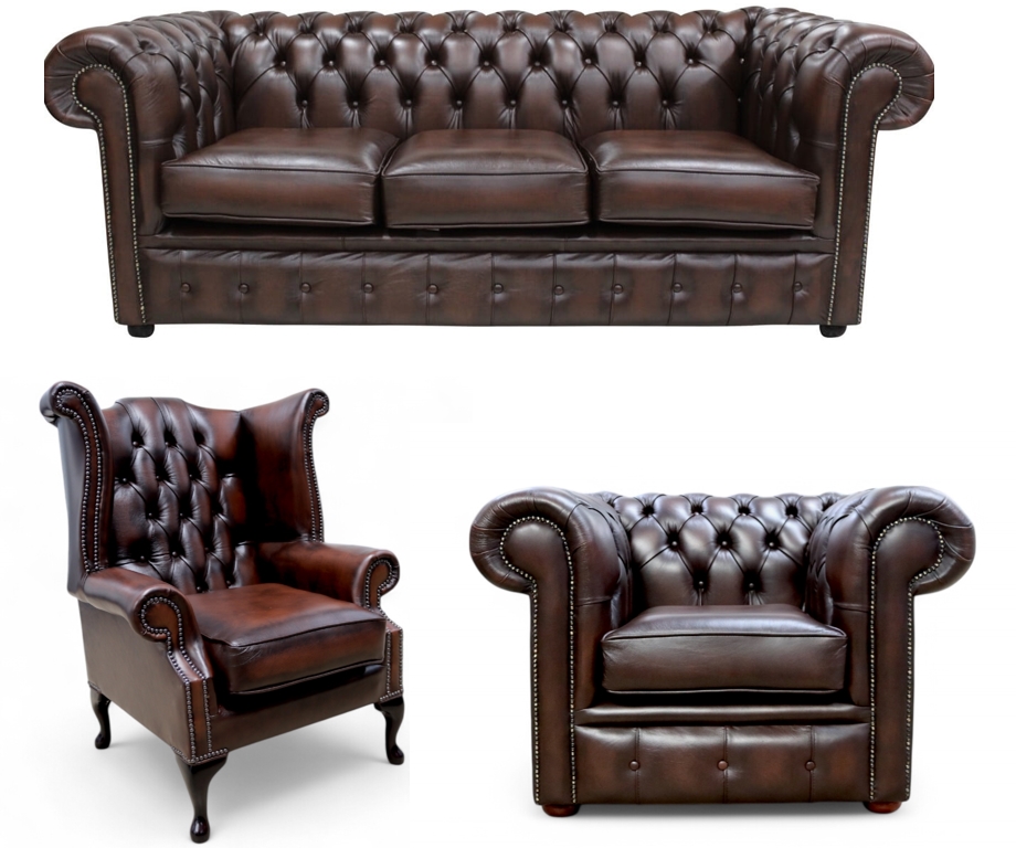 Chesterfield Leather Sofa Set in Antique Brown Offer |DesignerSofas4U