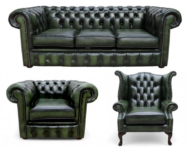 Chesterfield Leather 3 Seater / Wing Chair / Club Chair Sofa Offer Antique Green