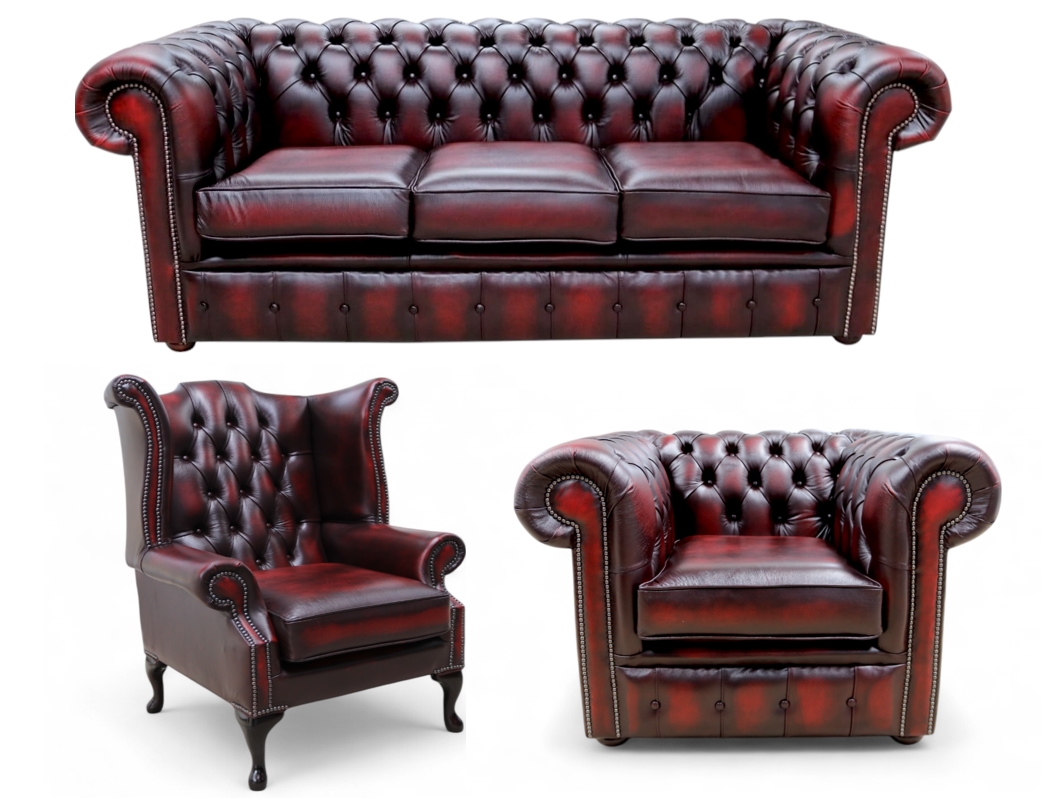 Antique Oxblood Chesterfield Leather Sofa Set Seater Wing