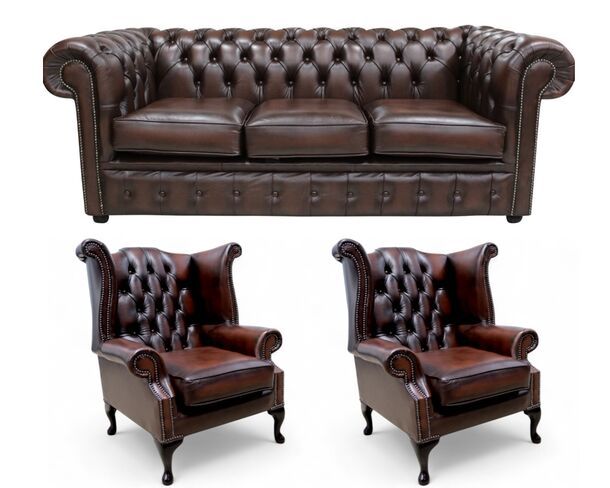 Chesterfield Leather 3 Seater / Wing Chair / Wing Chair Sofa Offer Antique Brown