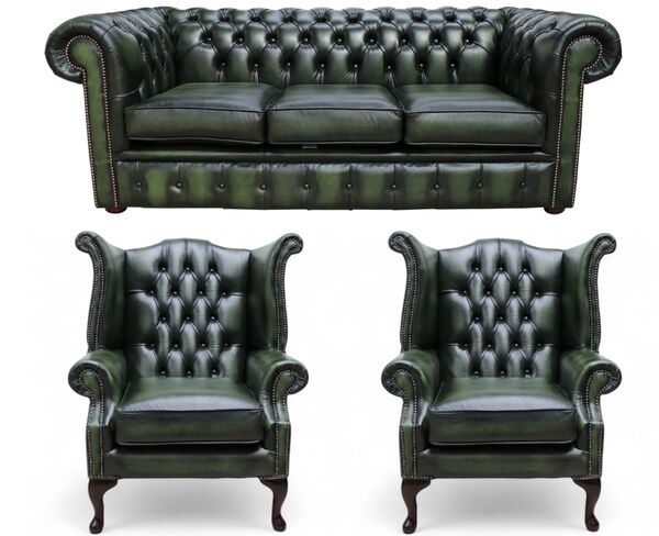 Chesterfield Leather 3 Seater / Wing Chair / Wing Chair Sofa Offer Antique Green
