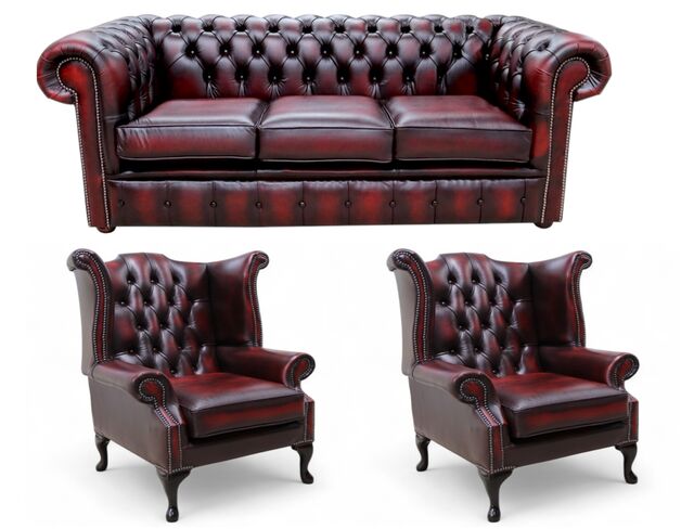 Chesterfield Leather 3 Seater / Wing Chair / Wing Chair Sofa Offer Antique Oxblood