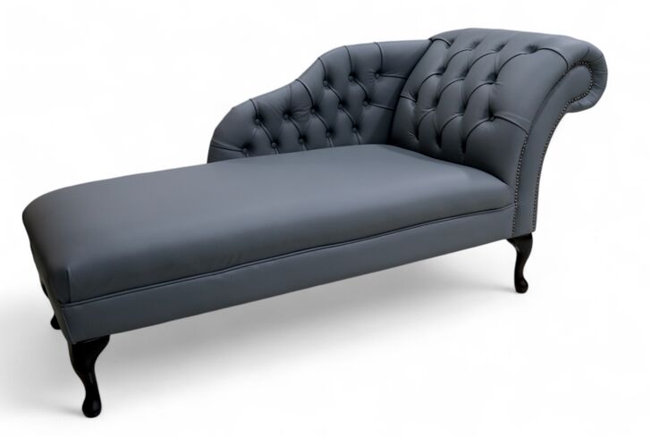 Chesterfield Leather Chaise Lounge Day Bed Piping Grey Leather