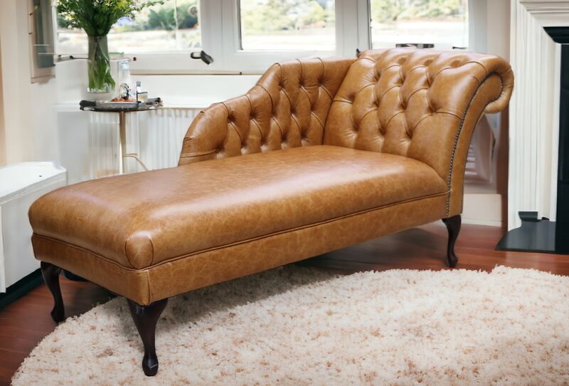 Product photograph of Chesterfield Leather Chaise Lounge Day Bed Old English Saddle from Designer Sofas 4U