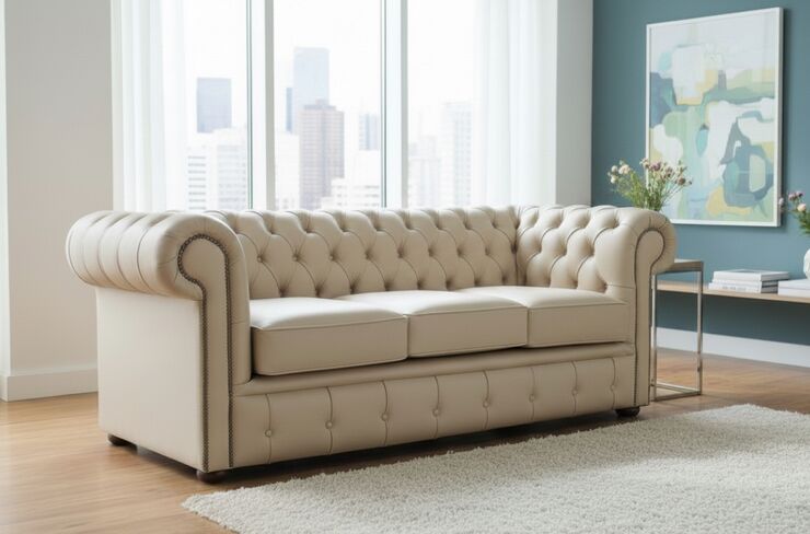 Chesterfield Leather Sofa - British Made 3 Seater Ivory