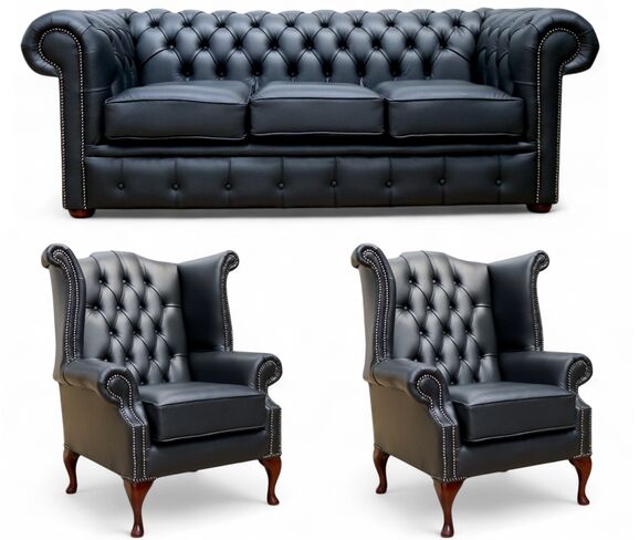 Chesterfield Leather Suite 3 Seater + Queen Anne Wing Chair + Quen Anne Wing Chair Sofa Black