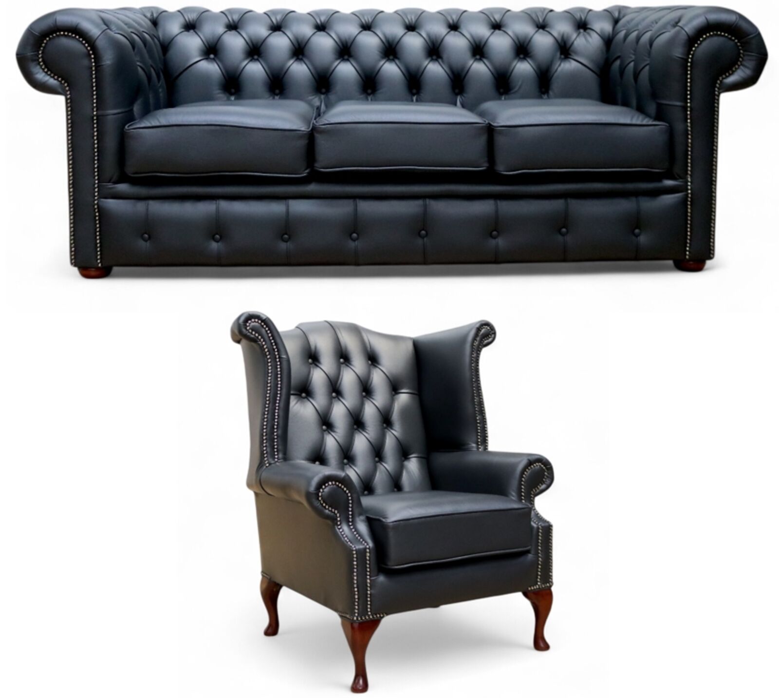 Chesterfield Leather Suite 3 Seater + Queen Anne Wing Chair Sofa Black