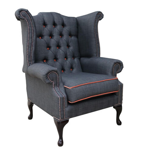 Charles Charcoal Orange Trim Fabric Chesterfield Linen Queen Anne High Back Wing Chair | DesignerSofas4U