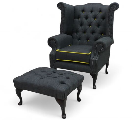 Chesterfield Queen Anne Linen High Back Wing Chair Charles Charcoal Yellow Trim + Footstool