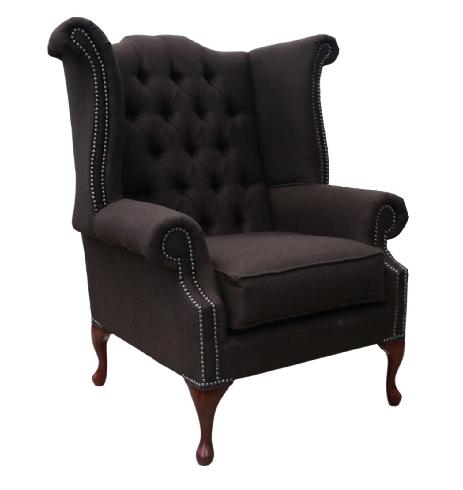 Product photograph of Chesterfield Linen Queen Anne High Back Wing Chair Charles Sandlewood Brown from Designer Sofas 4U