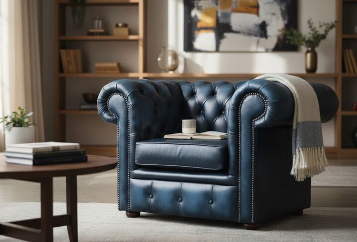 Chesterfield Low Back Club ArmChair Antique Blue Real Leather