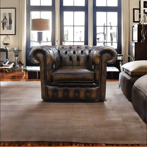 Chesterfield Low Back Club ArmChair Antique Gold Real Leather