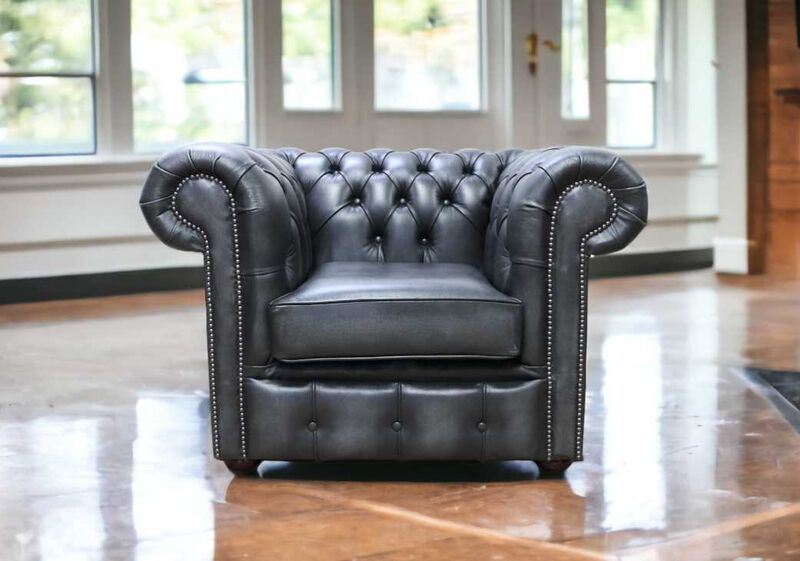 Product photograph of Chesterfield Low Back Club Armchair Antique Grey Leather from Designer Sofas 4U