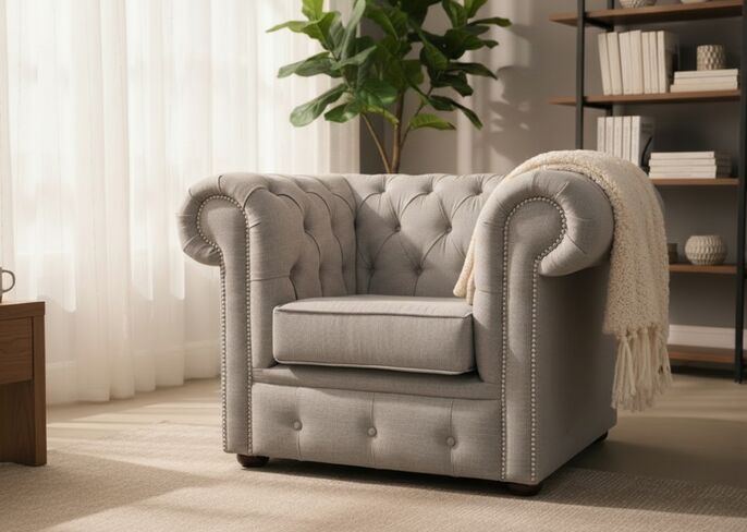 Chesterfield Low Back Club Armchair Bacio Zinc Fabric