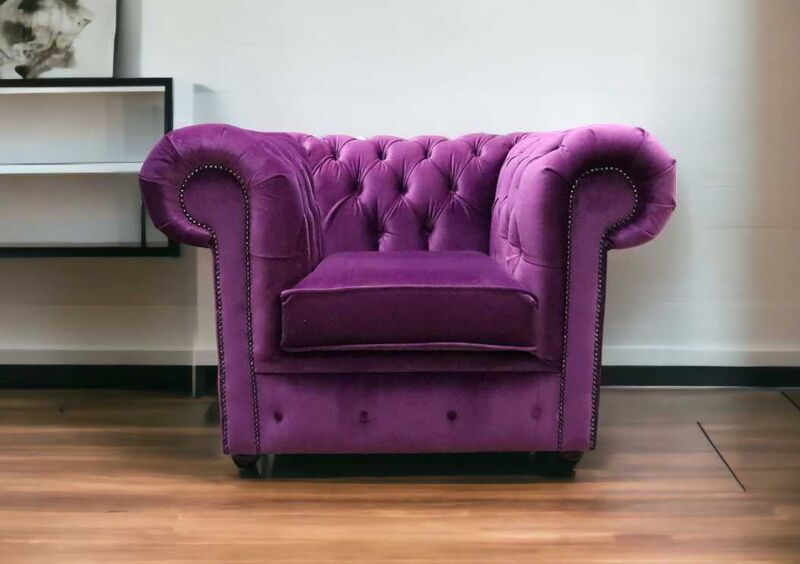 Product photograph of Chesterfield Low Back Club Chair Malta Boysenberry Velvet Fabric from Designer Sofas 4U