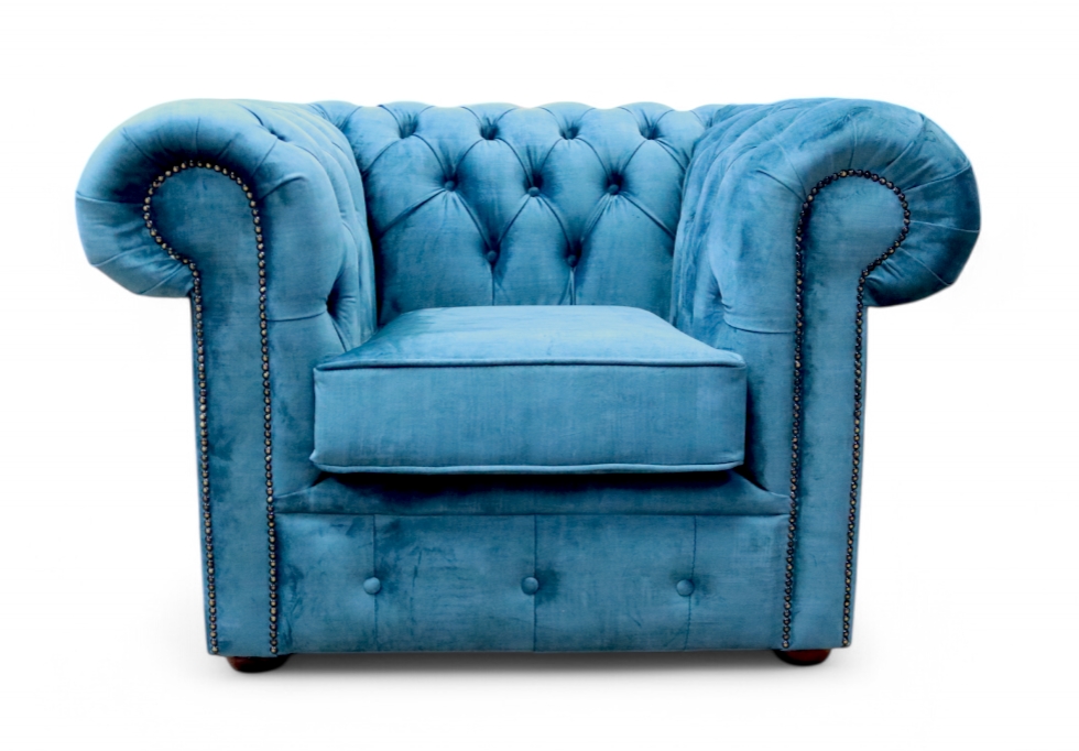 Peacock Blue Velvet Fabric Chesterfield Low Back Club Chair