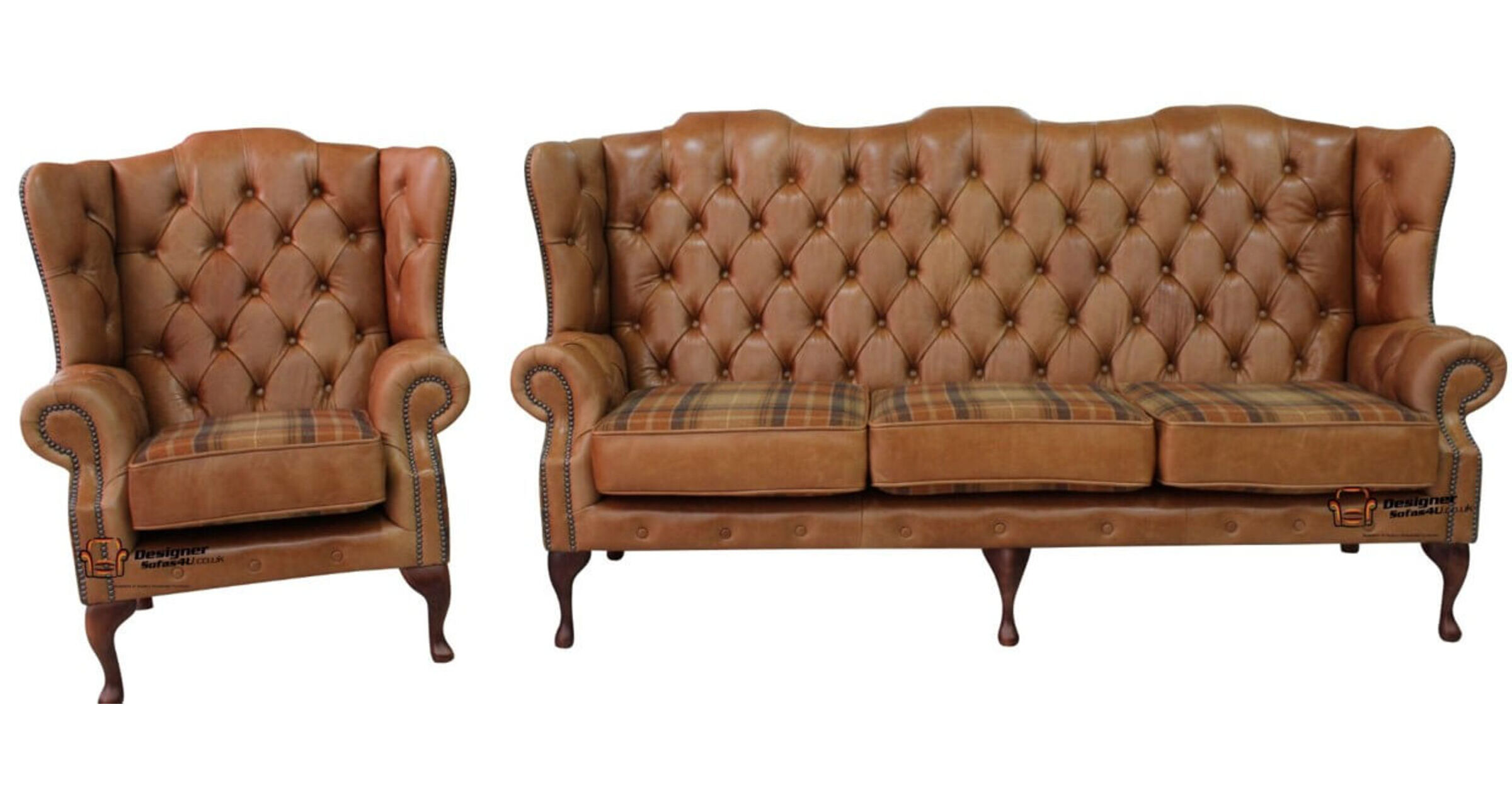 British Craftsmanship Tan Leather and Wool High Back Chesterfield Sofa