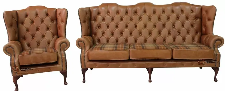 Tan Leather Wool Large Chesterfield High Back Sofa | Made in UK | DesignerSofas4U