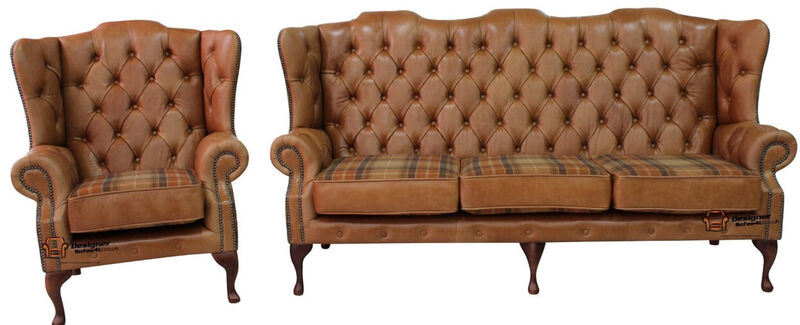 Product photograph of Tan Leather Wool Large Chesterfield High Back Sofa Made In Uk Amp Hellip from Designer Sofas 4U