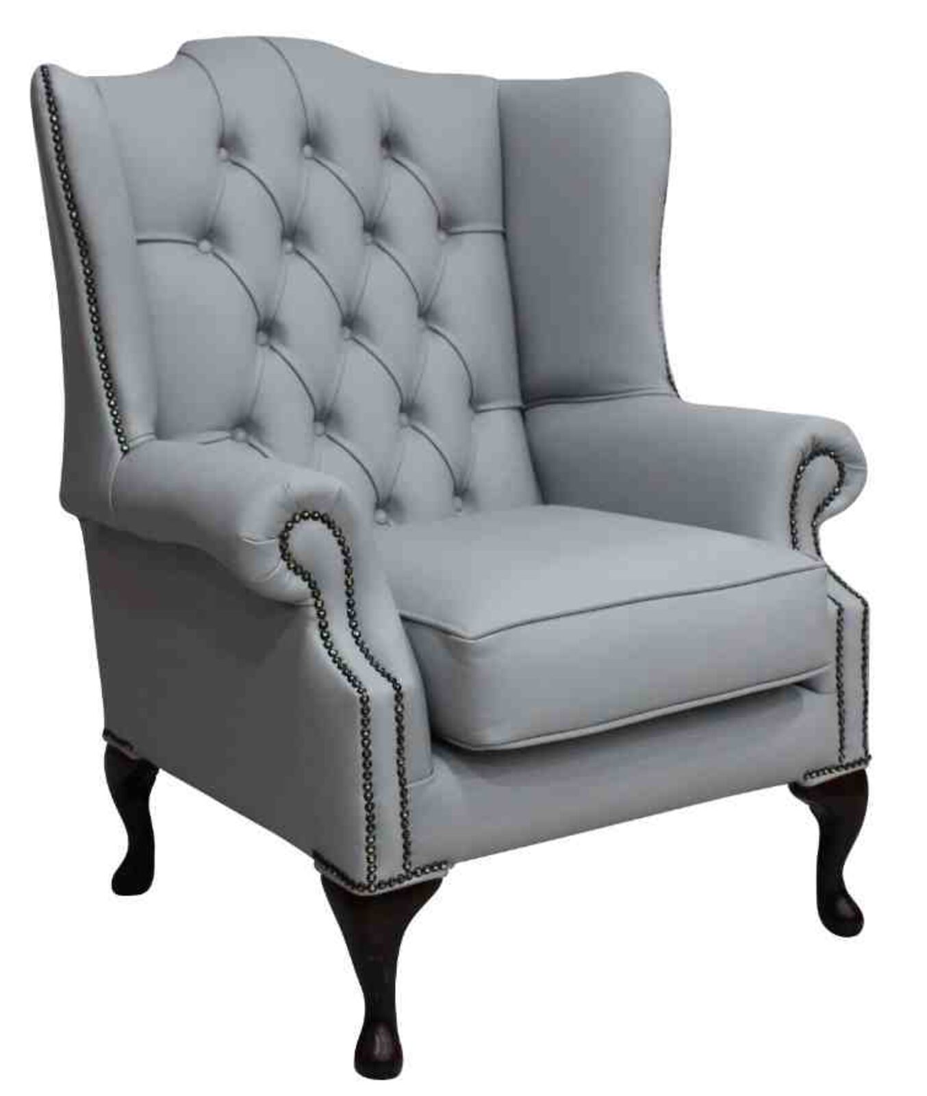 Product photograph of Chesterfield Mallory Flat Wing Queen Anne High Back Wing Chair Silver Grey Leather from Designer Sofas 4U